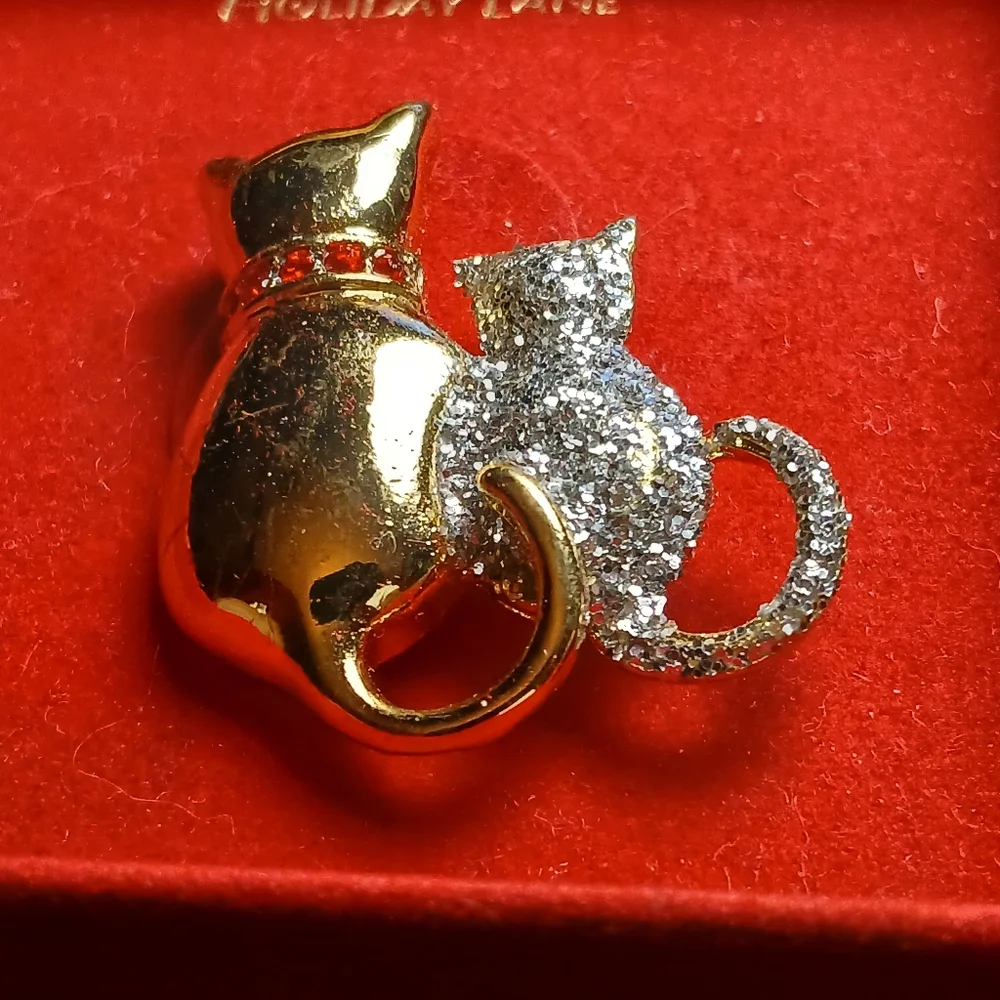 Macy's Holiday Lane Gold and Silver Cat Brooch